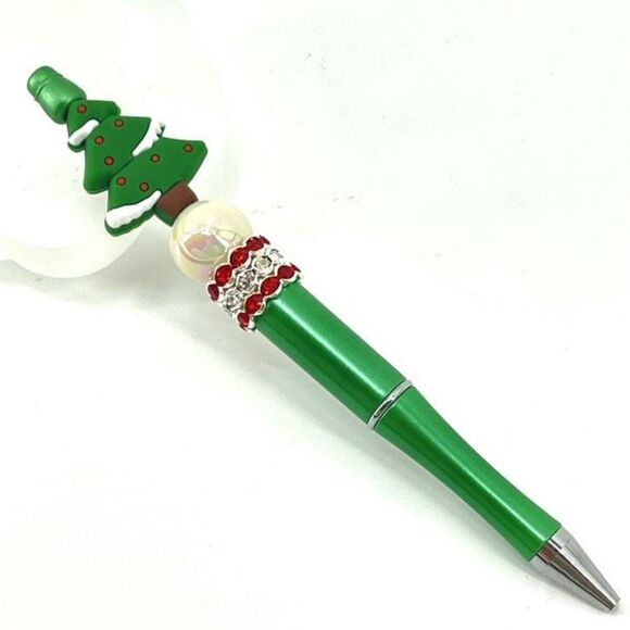 Christmas tree handmade pen NEW beads rhinestone bling red white green silver - Picture 2 of 5